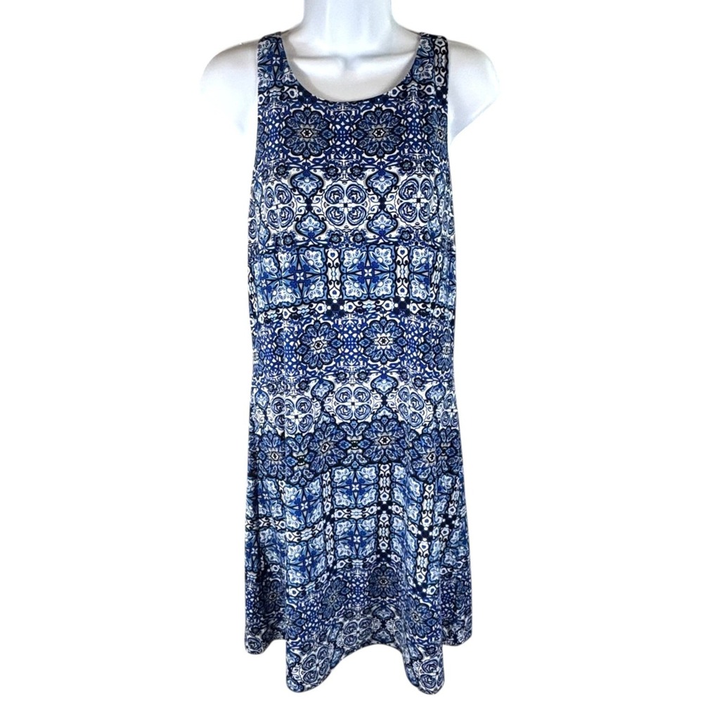Cupio Blue White‎ Tile Print Halter Dress Sz M Boho Midi Summer